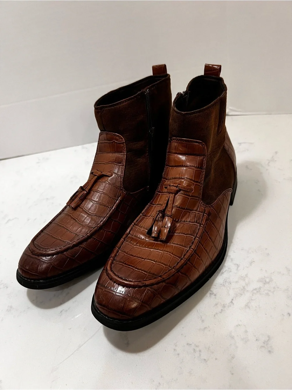 Men's Brown Croc-Embossed Tassel Chelsea Boots